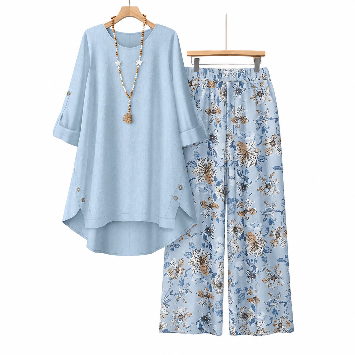 🌸✨ Printed Mid-Sleeve Top & Floral Wide-Leg Pants Set