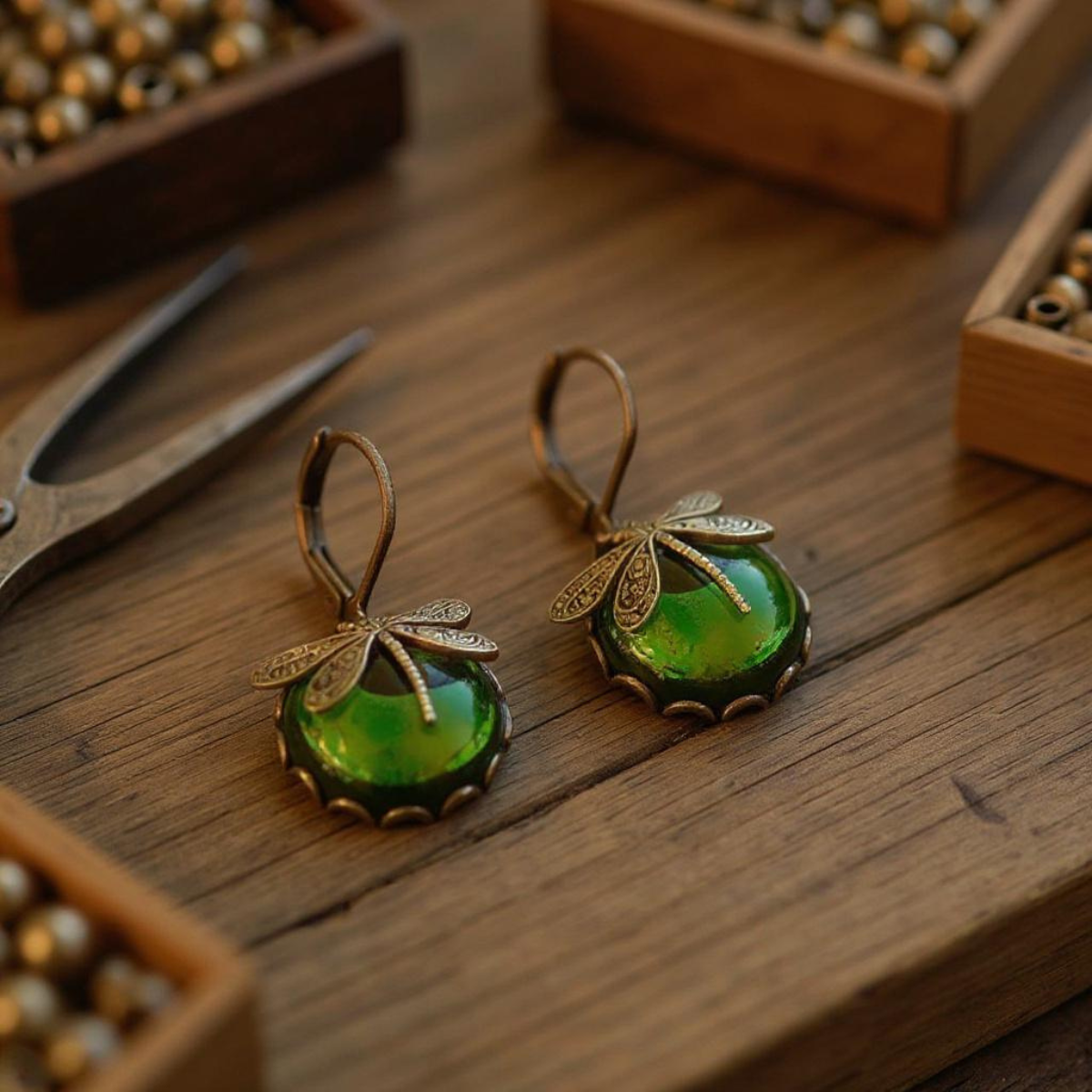 Dragonfly Earrings in Antique Gold