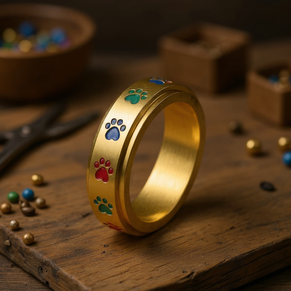 Spinning Stress Reducing Paw Ring – Stainless Steel with Rainbow Paws