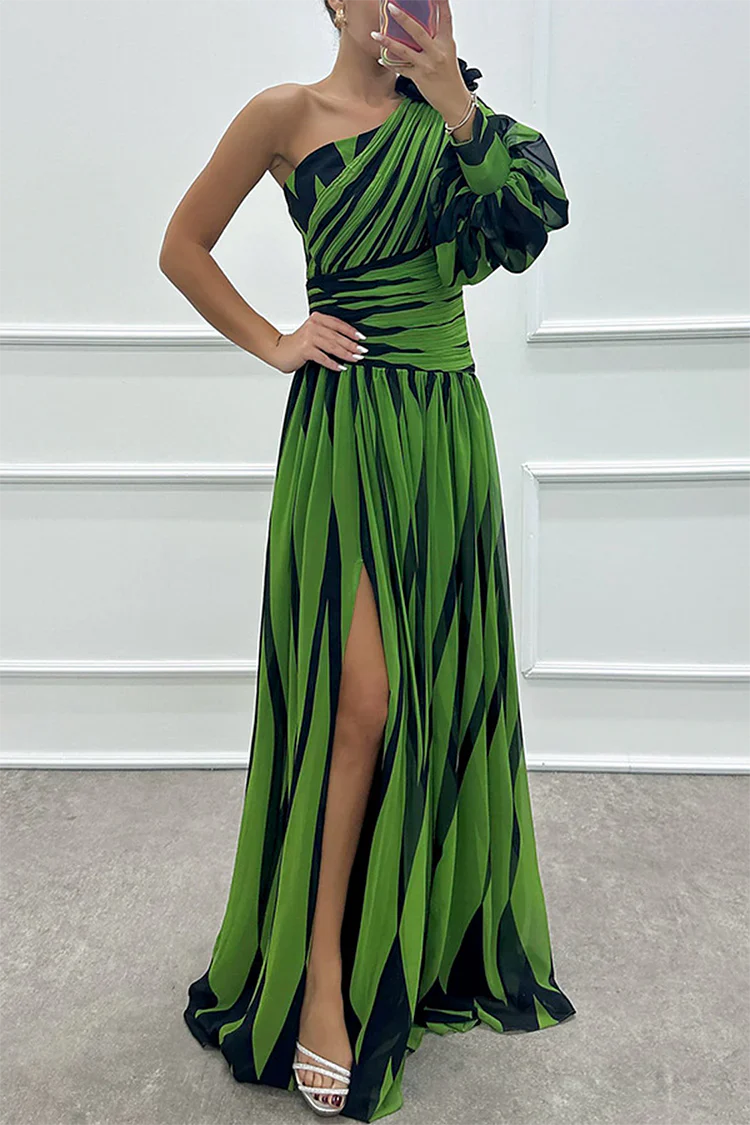 Aveline | Elegancka Sukienka Maxi w Paski na Jedno Ramię