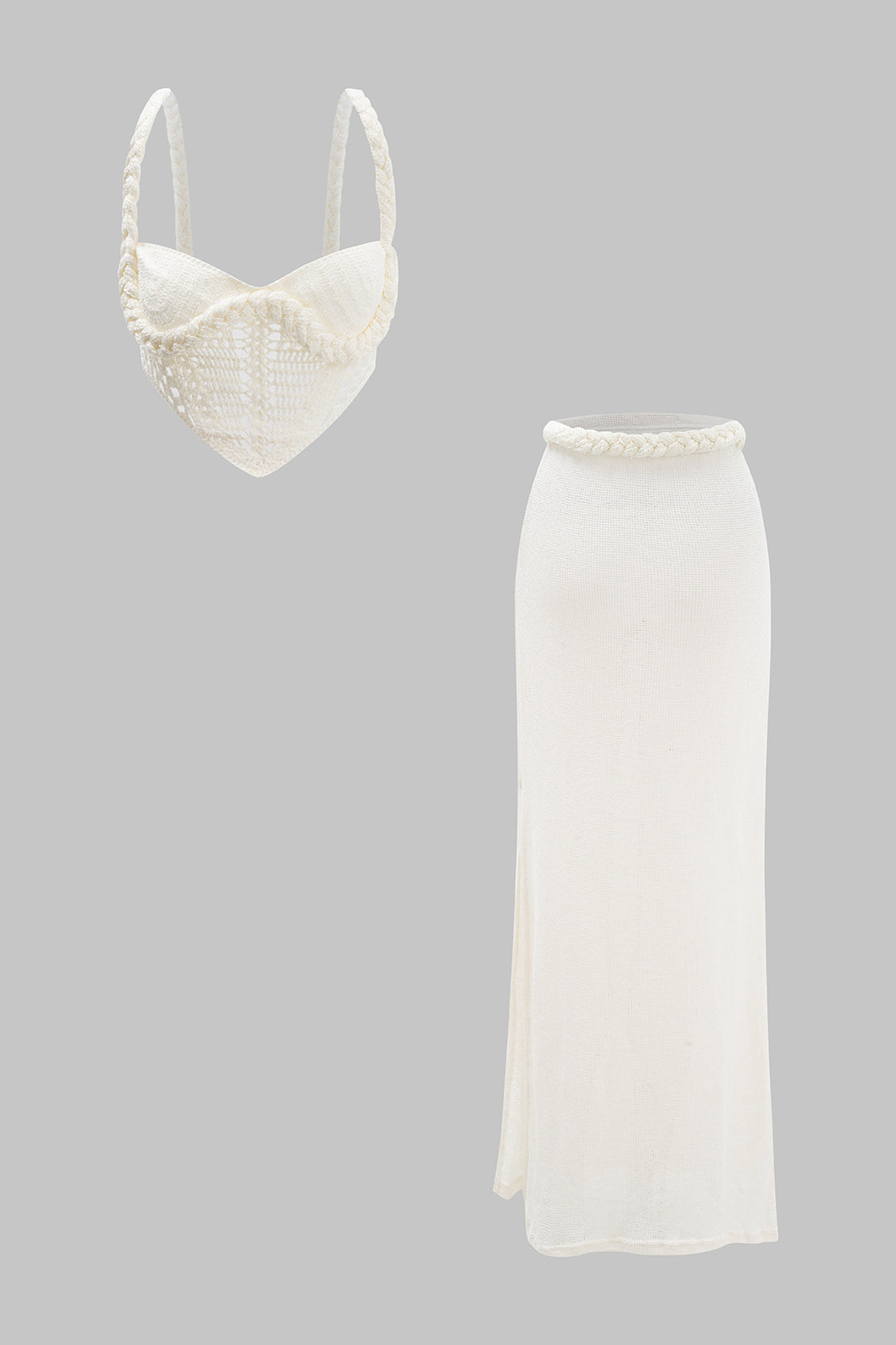 Ismene | Pleciony crop top z wycięciami i spódnica z rozcięciem