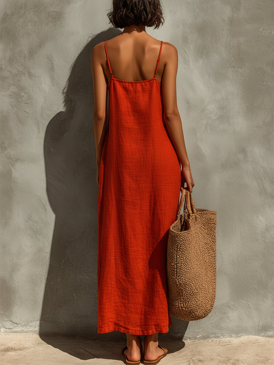 Women's Red Cotton Dress With Spaghetti Straps & Square Neck