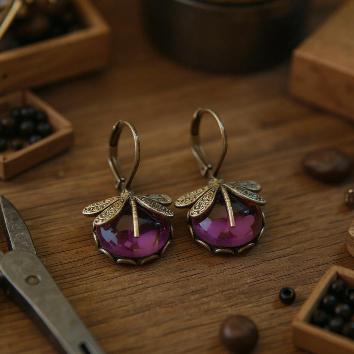 Dragonfly Earrings in Antique Gold