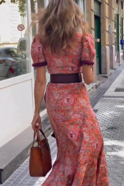 Mavi | Elegancka Różowa Sukienka Maxi z Krótkim Rękawem