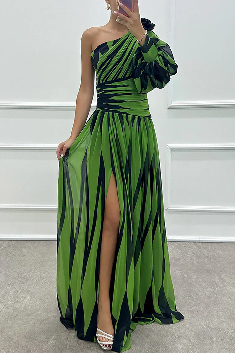 Aveline | Elegancka Sukienka Maxi w Paski na Jedno Ramię