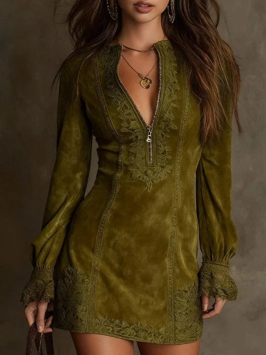 Lunori™ | Aurora Suede Mini Dress with Lace