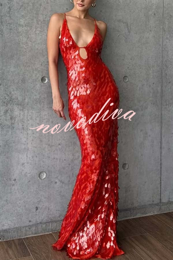 Reshape Beauty Fish Scale Sequin Cutout U-neck Slip Maxi Dress