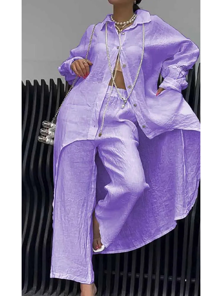 Long Sleeve Top and Pants Set with Irregular Hem