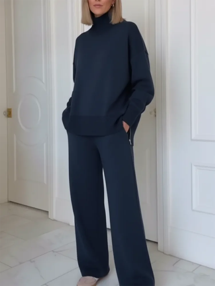 Two-Piece Set with High Neck and Zipper, Straight Pants