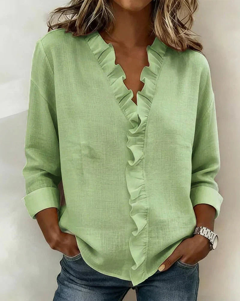 Susan | Blouse with Ruffles, V-Neck and Long Sleeves