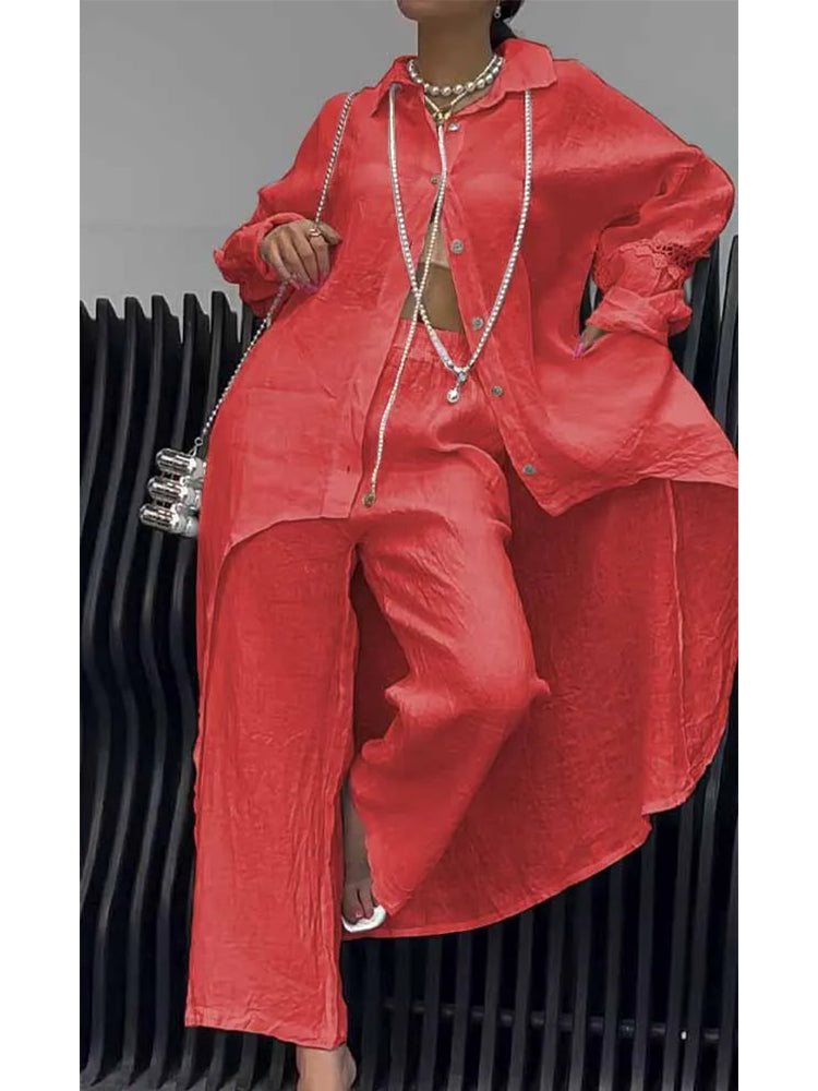 Long Sleeve Top and Pants Set with Irregular Hem