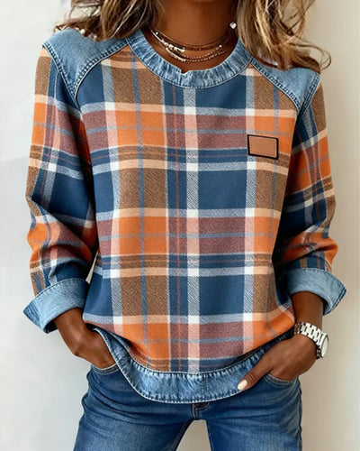 Audrey | Women's Casual Round Neck Denim Patchwork Pullover Sweatshirt