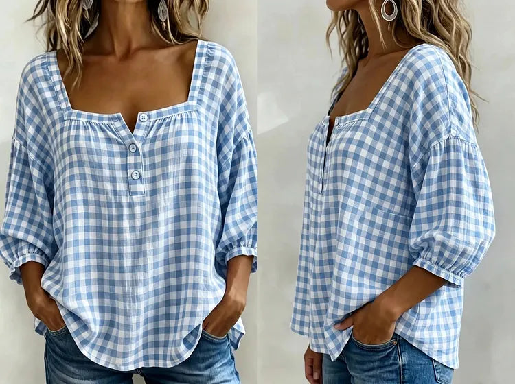 Lidia | top with square neckline and checkered pattern and short sleeves