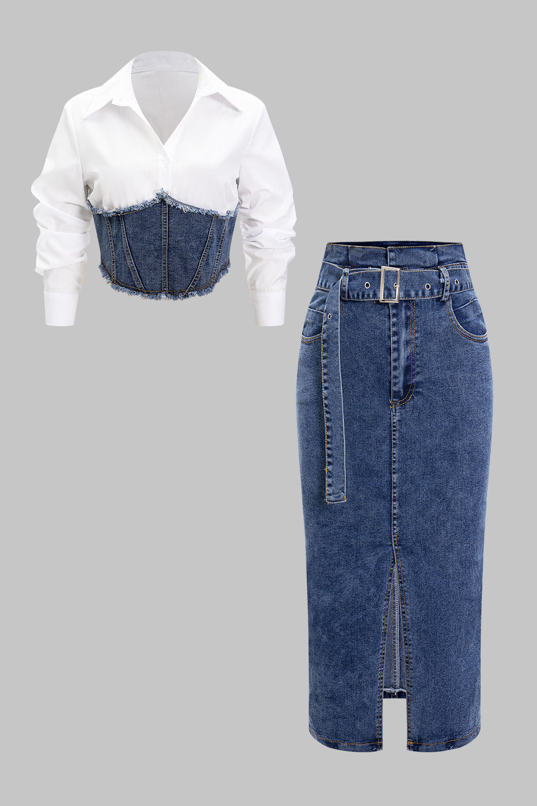 Rhea | Denim Patchwork Shirt And Belted Denim Skirt Set