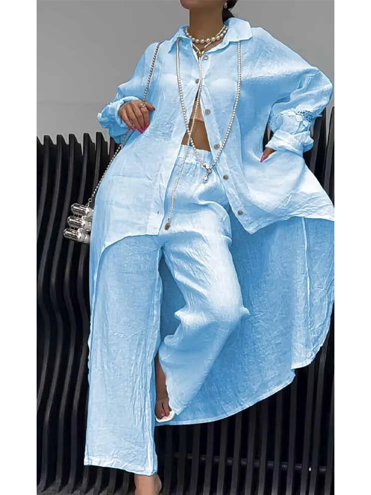 Long Sleeve Top and Pants Set with Irregular Hem
