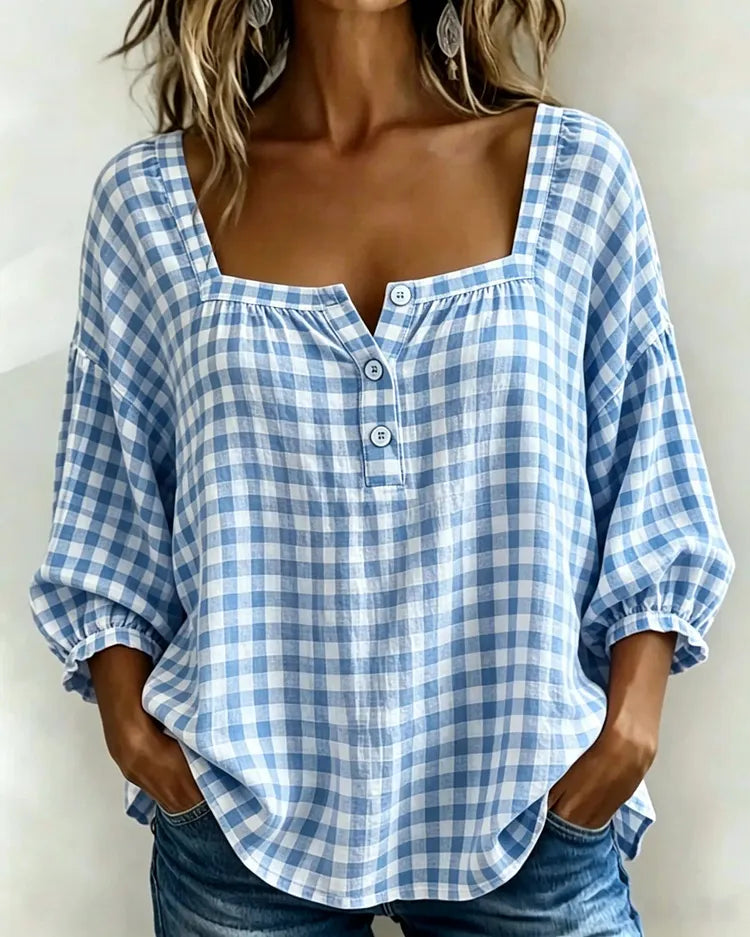 Lidia | top with square neckline and checkered pattern and short sleeves