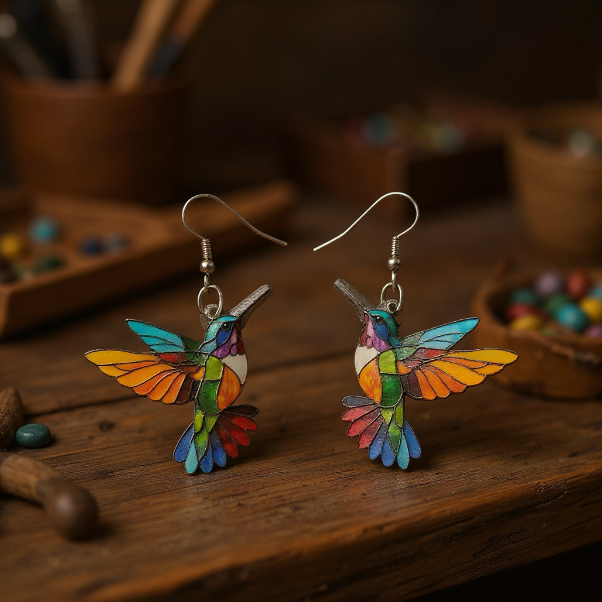 Acrylic Hummingbird Dangle Earrings – Bright 2D Bird Design