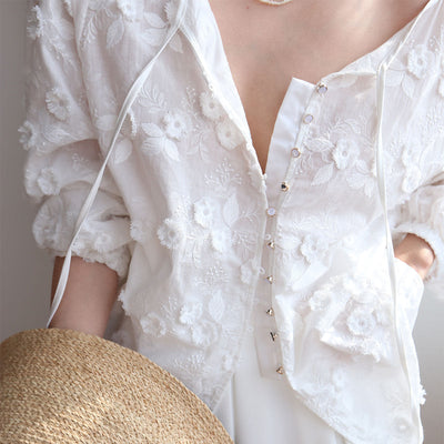 Iloni | Oversized Semi-Sheer Wyszywana Bluzka Kwiatowa