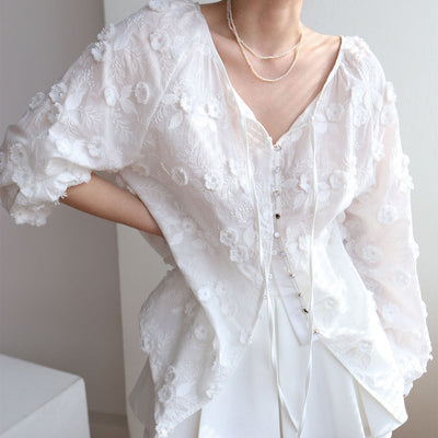 Iloni | Oversized Semi-Sheer Wyszywana Bluzka Kwiatowa