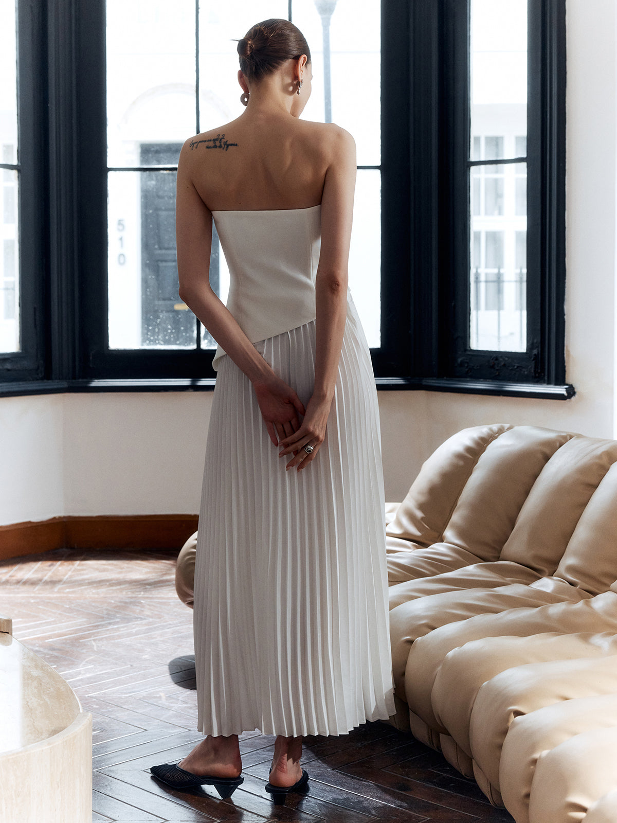 Elettra | Solid Pleated Strapless Split Dress
