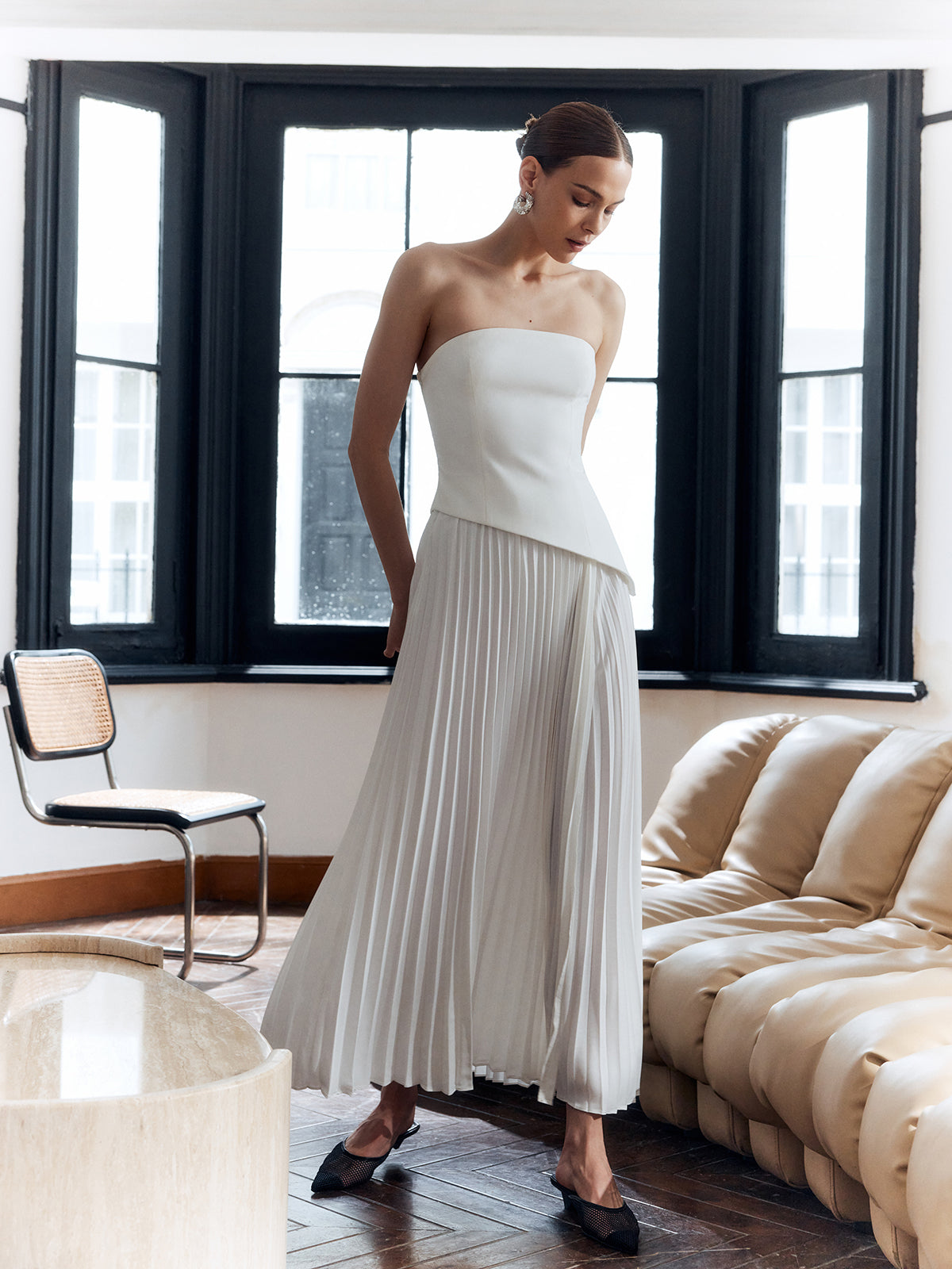Elettra | Solid Pleated Strapless Split Dress