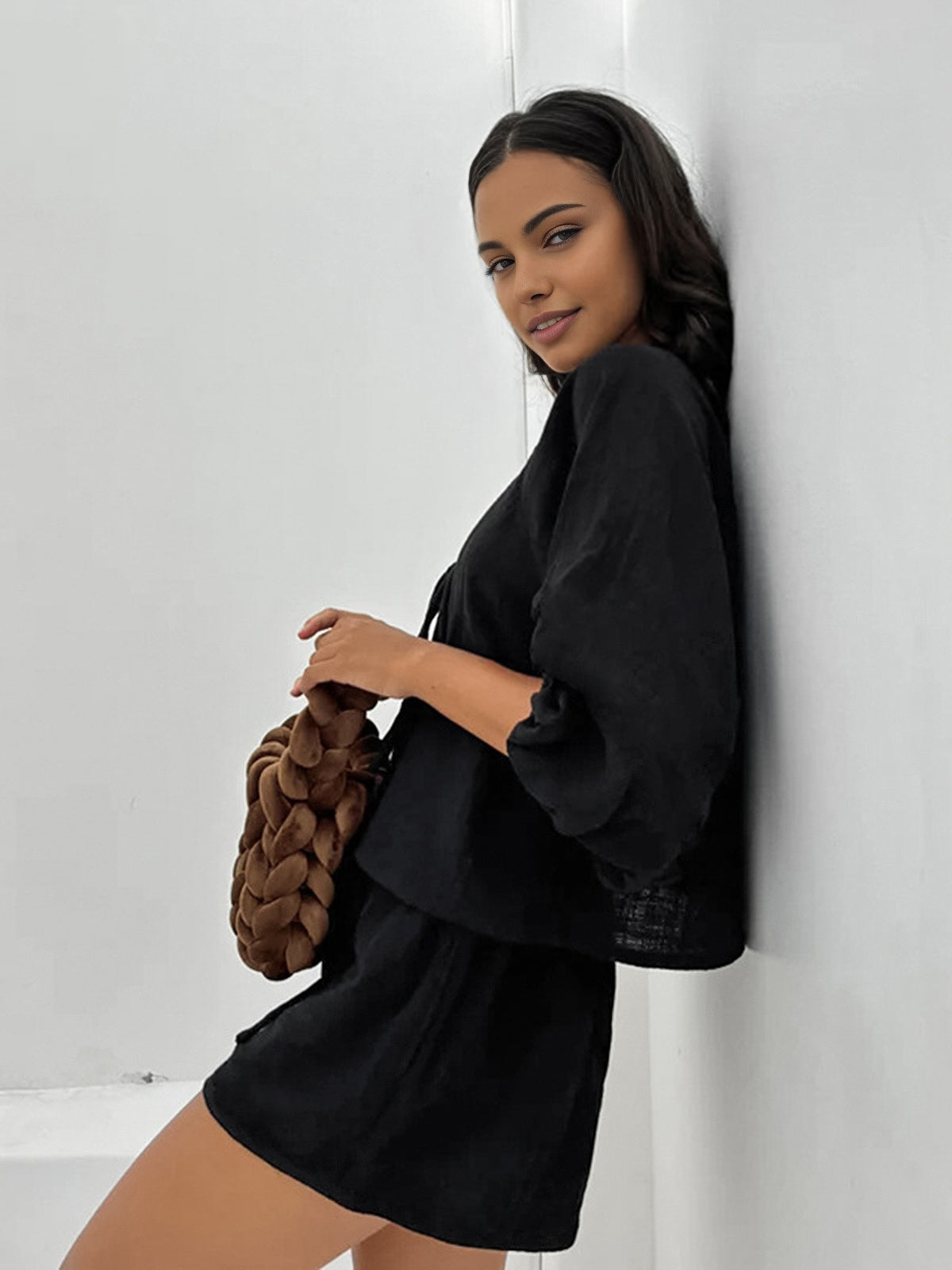 Meliora | Bawełnowy Zestaw Krótkich Spodenek z Długim Rękawem z Wiązaniem