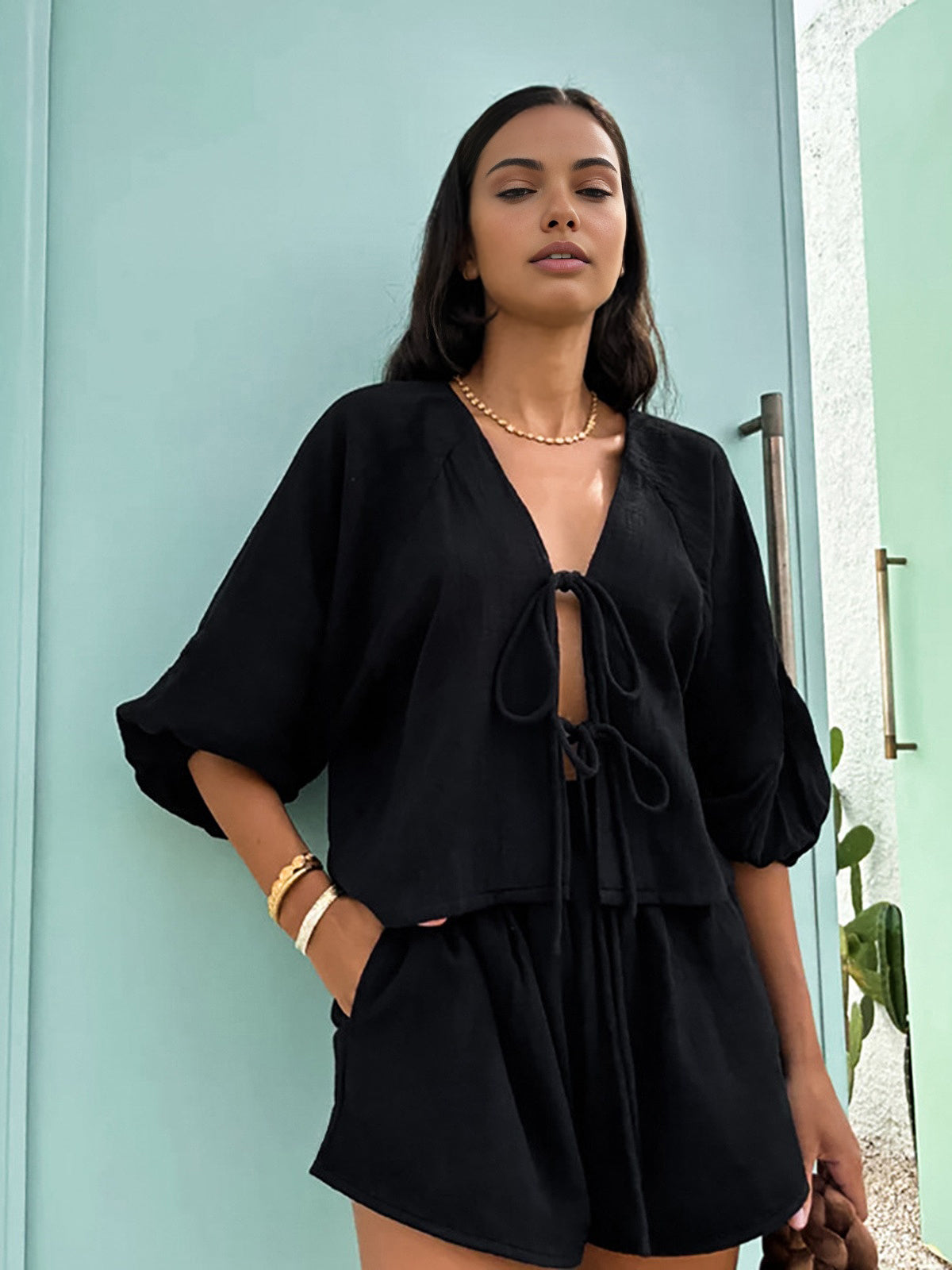 Meliora | Bawełnowy Zestaw Krótkich Spodenek z Długim Rękawem z Wiązaniem