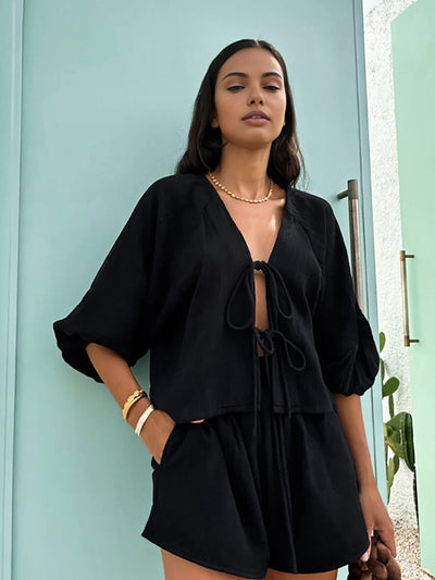 Meliora | Bawełnowy Zestaw Krótkich Spodenek z Długim Rękawem z Wiązaniem