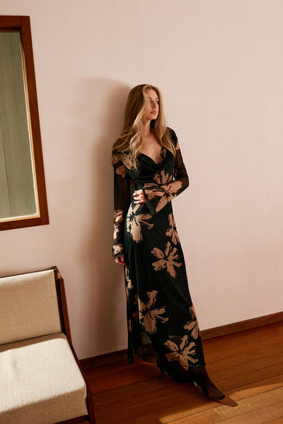 Maeve | Boho Wydrukowana Sukienka Maxi z Dekoltem Cowl