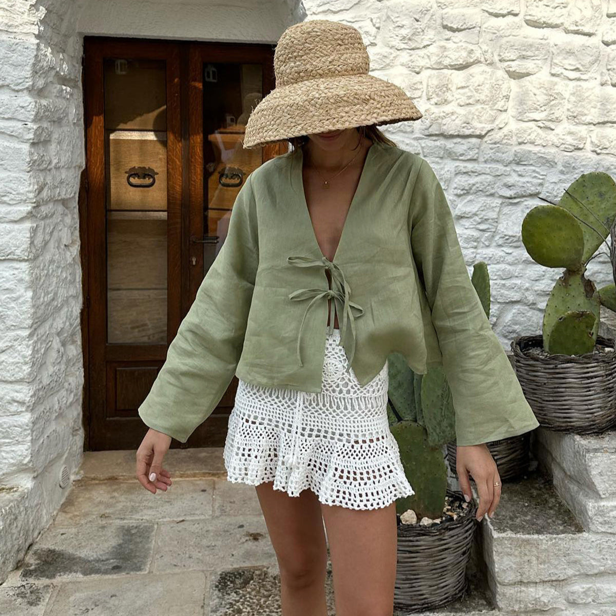 Evania | Oversized Bluzka z Długim Rękawem i Wiązaniem z Przodu