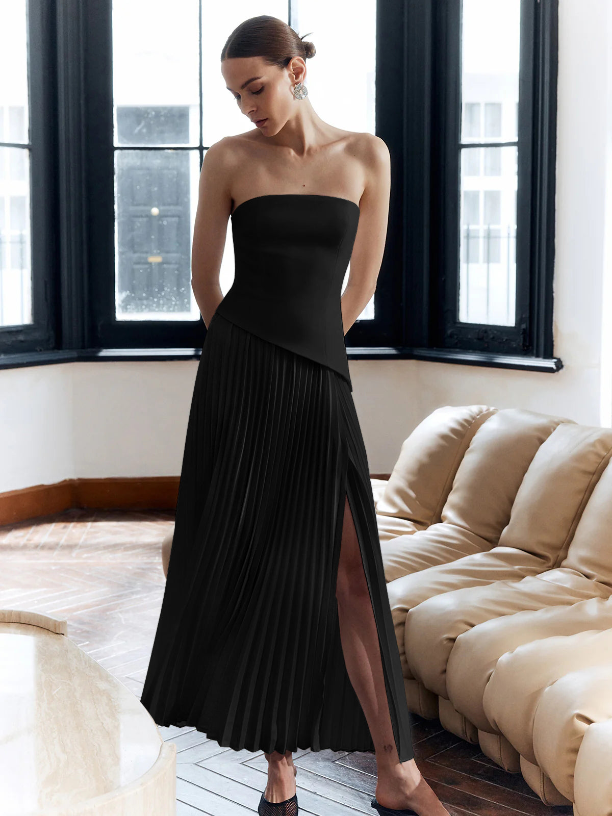 Elettra | Solid Pleated Strapless Split Dress