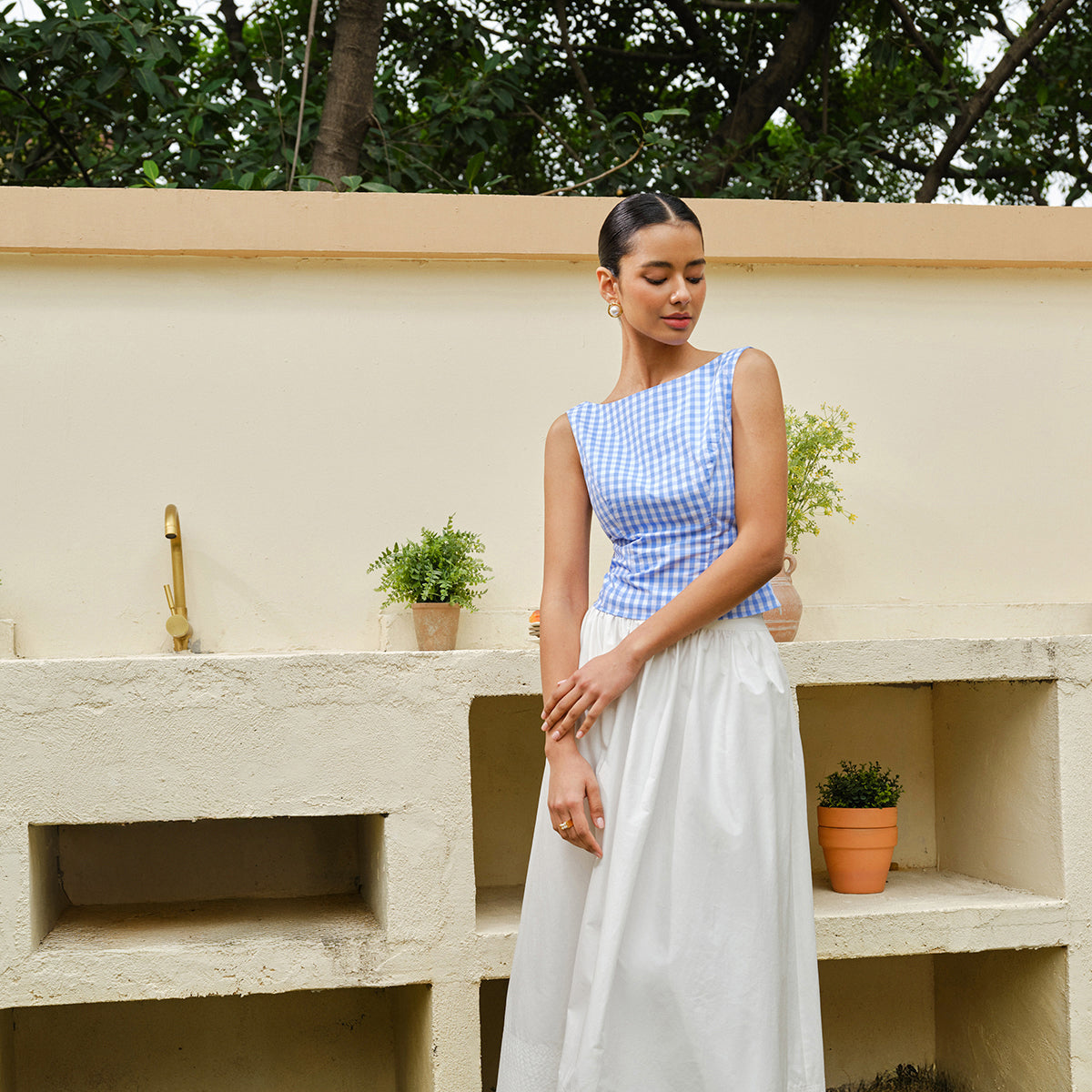 Fenice | Krótki top w kratkę z kokardą na plecach