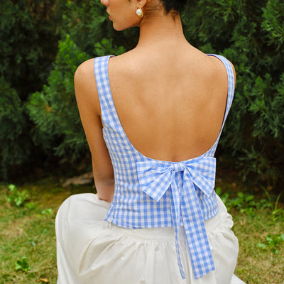 Fenice | Krótki top w kratkę z kokardą na plecach