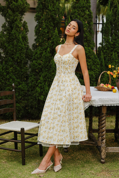 Sienna | Sukienka midi z kwiatowym koronkowym wykończeniem i wiązaniem z przodu