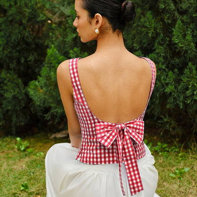 Fenice | Krótki top w kratkę z kokardą na plecach