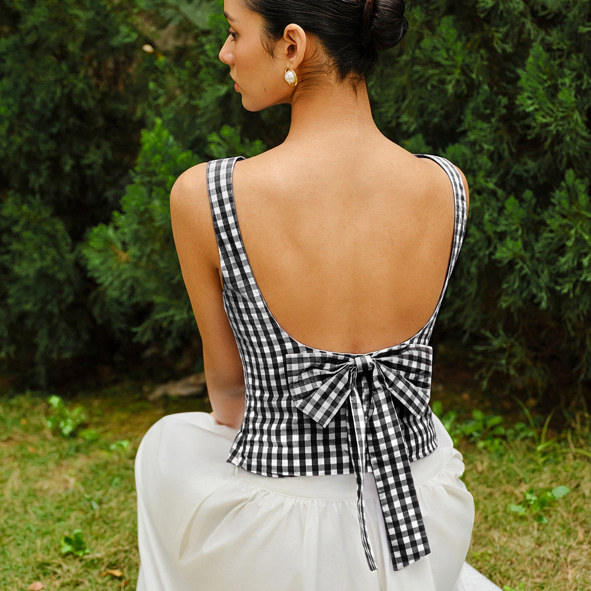 Fenice | Krótki top w kratkę z kokardą na plecach