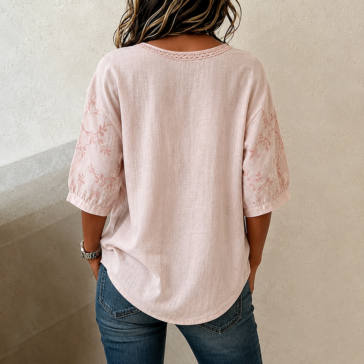 Tilija - Short Sleeve Embroidered Blouse with Front Tie