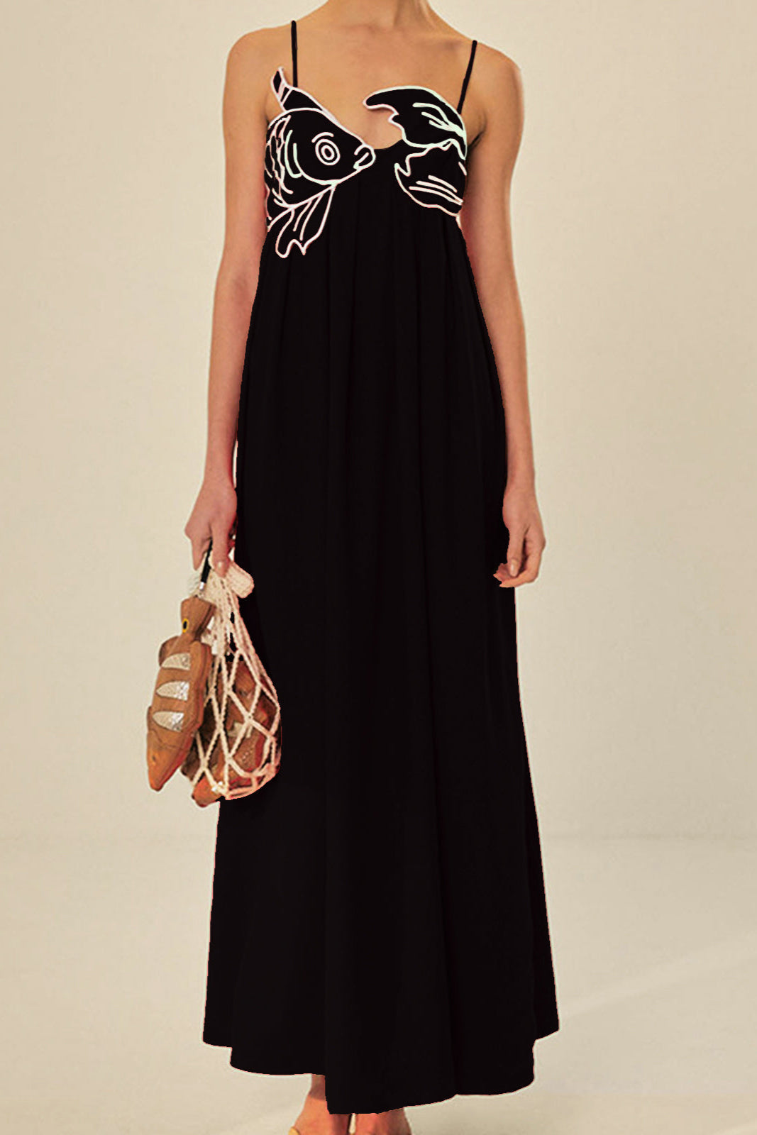 Greta | Haftowana sukienka maxi z rybami