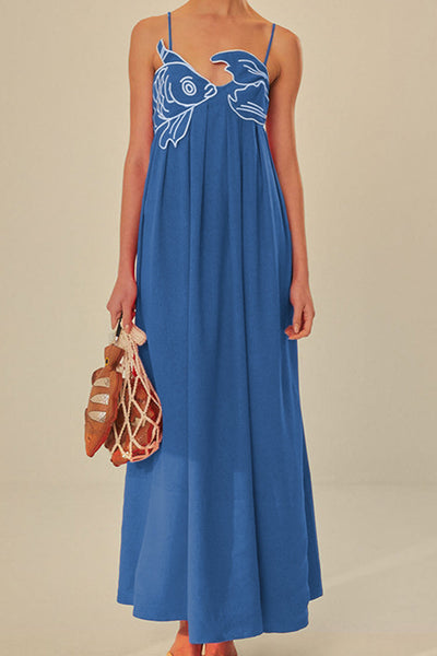 Greta | Haftowana sukienka maxi z rybami