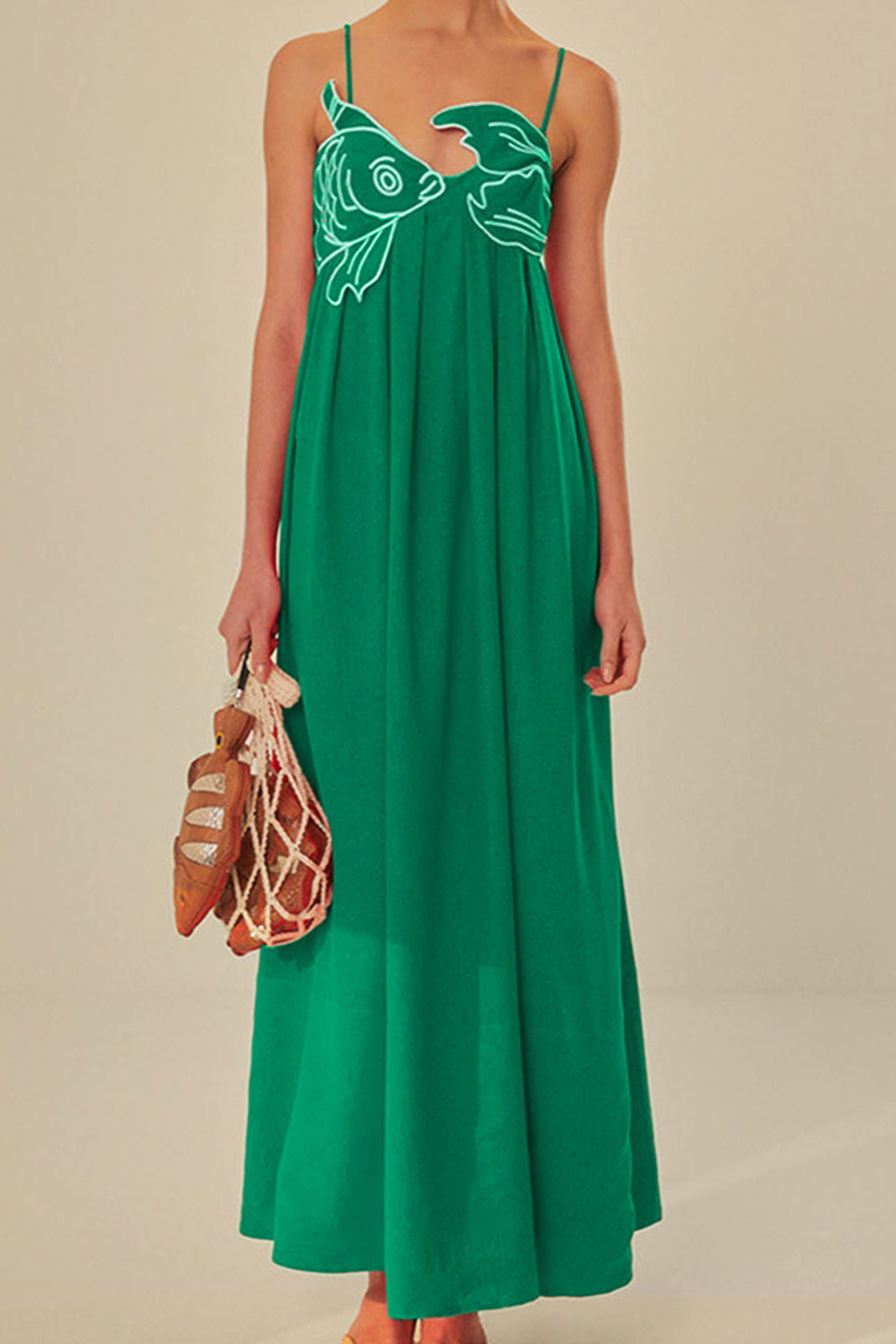 Greta | Haftowana sukienka maxi z rybami