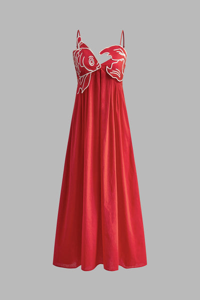 Greta | Haftowana sukienka maxi z rybami