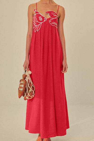 Greta | Haftowana sukienka maxi z rybami