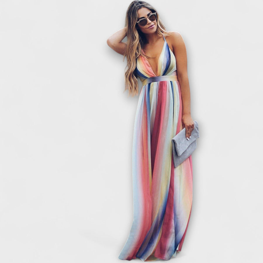 Multicolored Striped Women's Dress with V-Neck