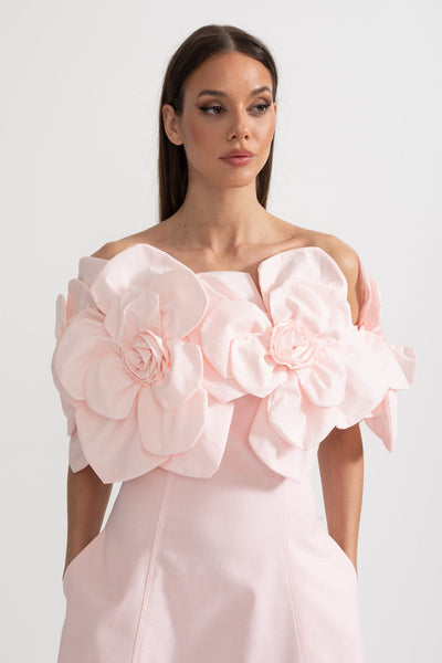 Herbata | Sukienka Midi Bez Ramiączek z Dużymi Kwiatowymi Akcentami z Tkaniny