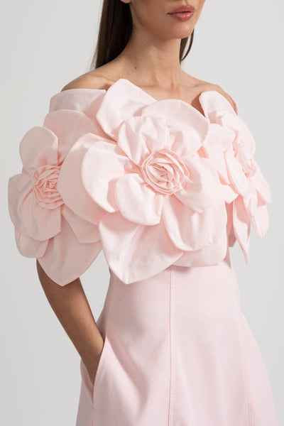 Herbata | Sukienka Midi Bez Ramiączek z Dużymi Kwiatowymi Akcentami z Tkaniny