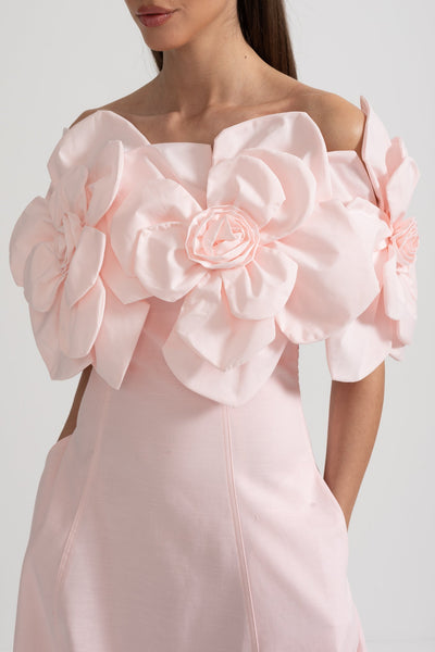 Herbata | Sukienka Midi Bez Ramiączek z Dużymi Kwiatowymi Akcentami z Tkaniny