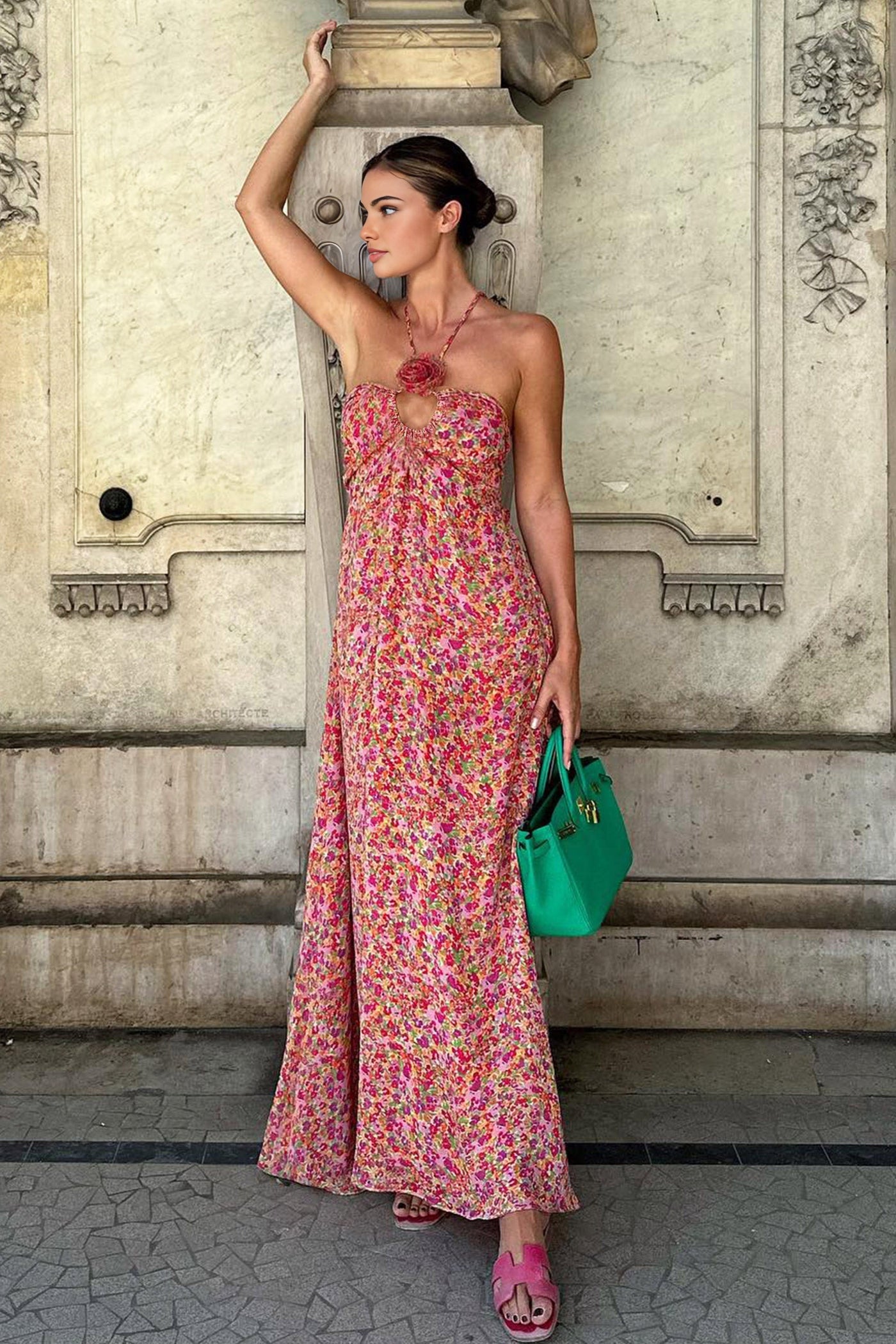 Inés | Boho Kwiatowy Wzór Dekoracyjny Halter Długa Sukienka