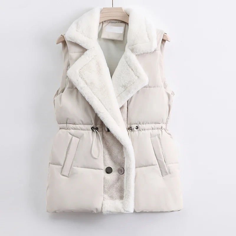 Ava Quilted Collared Puffer Vest | Fur Trim Drawstring Puffer Vest