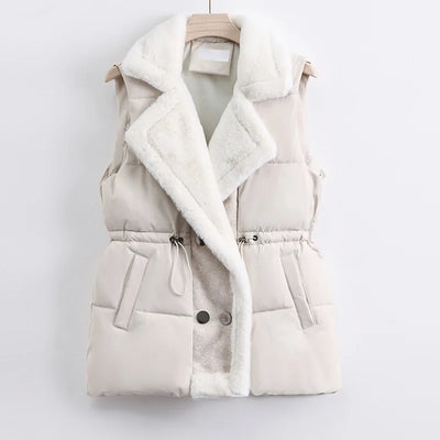 Ava Quilted Collared Puffer Vest | Fur Trim Drawstring Puffer Vest