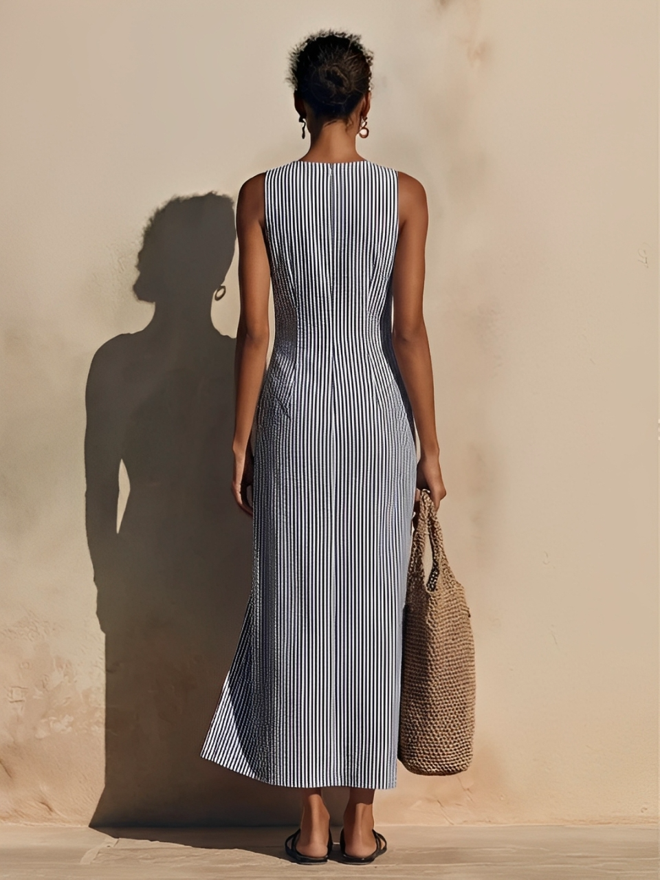Women's Blue-White Striped Cotton-Blend Maxi Dress